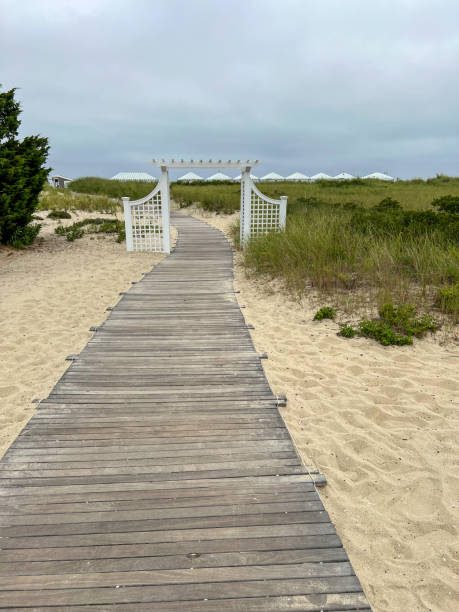 istock A weathered wooden boardwalk winds through sandy dunes to a white trellis gate, surrounded by tall grass, with small white-roofed cottages under an overcast sky in the background. 2191196523