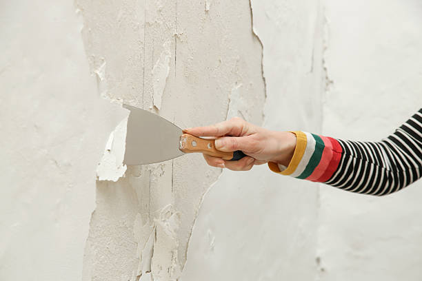 istock Saltpeter or mold on the wall problem. Woman is using a scraper to scrape and remove all loose paint and plaster that is in poor condition, until a firm surface is achieved. 2191197109