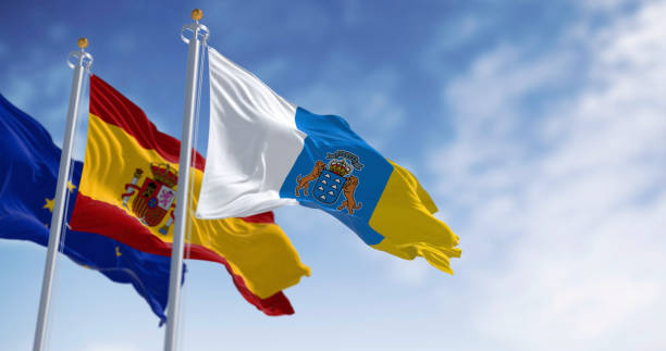 istock Canary Islands , spanish and EU flag waving in the wind 2191197183