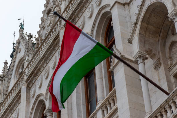 istock Hungarian flag on a parliament building 2191197532