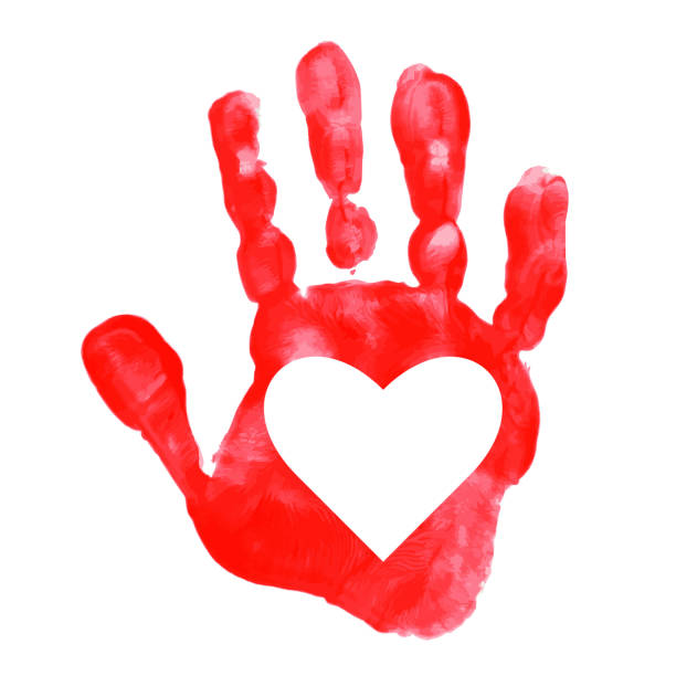 istock Red  print of  palm with white heart drawn with paint. Red hand print vector icon isolated on white background. National volunteers day. 2191199599