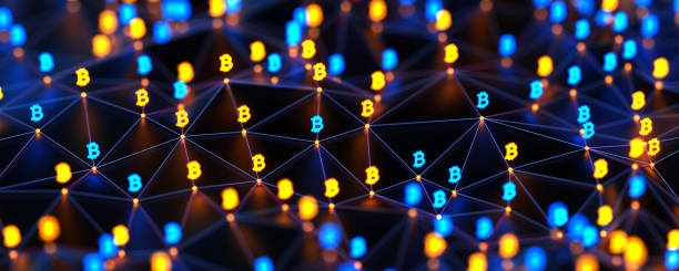istock Futuristic digital nodes background with Bitcoin signs. Blockchain connections technology and digital network. Connection dots. Security money concept. 2191201198
