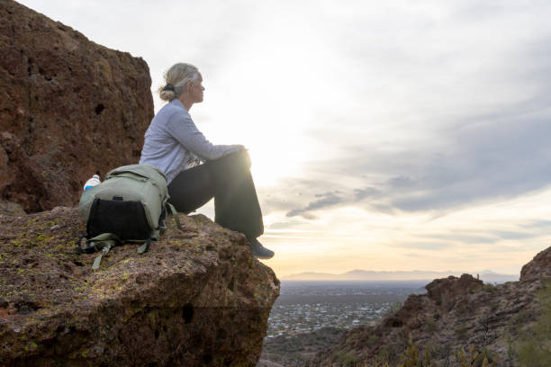 Free picture: Backpack hiker sitting on a rock and enjoying panorama of ...