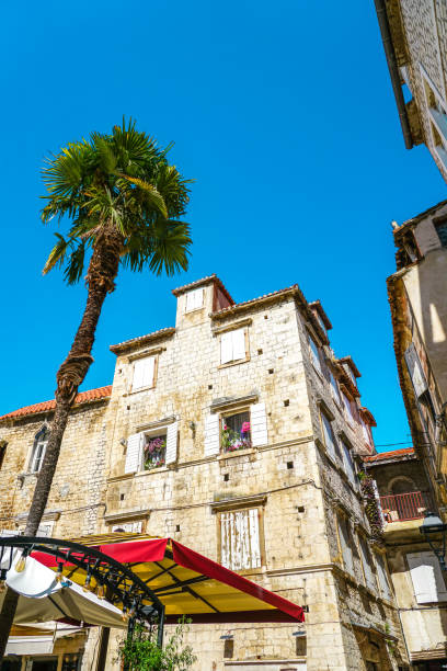 Typical scenery old town view with historic architecture, palm tree and blue sky an Mediterranean coast, Mediterranean travel and vacation concept