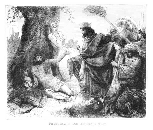 Persian Soldier Pharnabazus II meets Greek King Agesilaus II in 4th Century BC. Illustration engraving published 1882. Original edition is from my own archives. Copyright has expired and is in Public Domain.