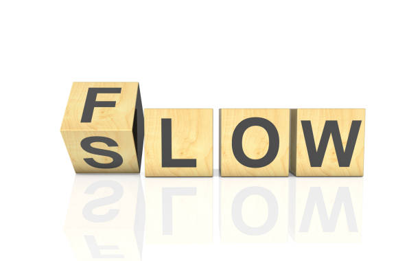 Flow and Slow symbol. Concept words Flow and Slow on wooden cubes.