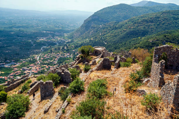 The ancient ruins of Mystras, Greece, scattered along a hillside with panoramic views of the valley and surrounding mountains.