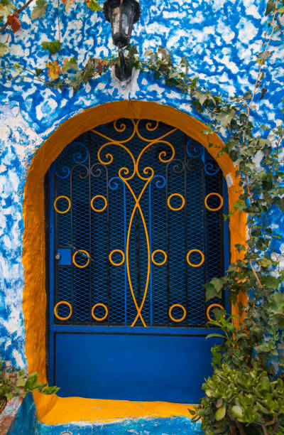 istock blue door with decorative metalwork and a yellow frame, set against a textured blue wall and surrounded by greenery 2191228164