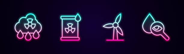 istock Set line Acid rain radioactive cloud, Radioactive waste barrel, Wind turbine and Drop and magnifying glass. Glowing neon icon. Vector 2191250976