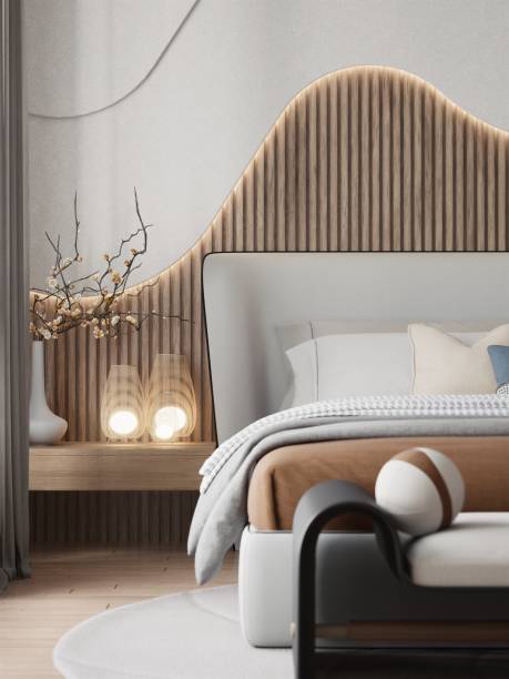 istock Modern bedroom design featuring a stylish headboard, cozy bedding, and decorative elements that create a serene atmosphere. 3D rendering 2191257219