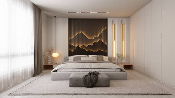 istock A modern bedroom featuring a neutral palette, textured wall, ambient lighting, and minimalist furniture, creating a serene and stylish atmosphere. 3d rendering 2191257805