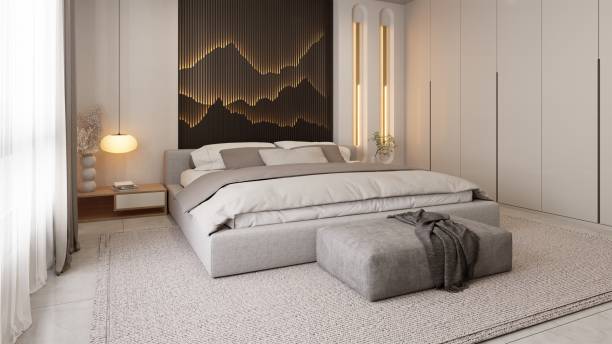 istock A modern bedroom featuring a large bed, minimalist decor, and a stylish wall design that creates a serene atmosphere. 3d rendering 4K interior animation. 2191257807