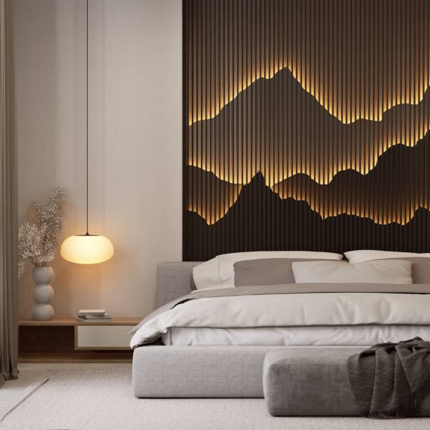 istock A modern bedroom featuring a minimalist design with warm lighting, a textured mountain-themed wall, and stylish furnishings. 3d rendering 2191257808