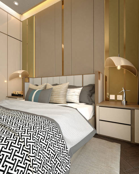 istock A stylish modern bedroom featuring a patterned bedspread, elegant lighting, and contemporary furnishings with a warm color palette. 3d rendering. 2191257813