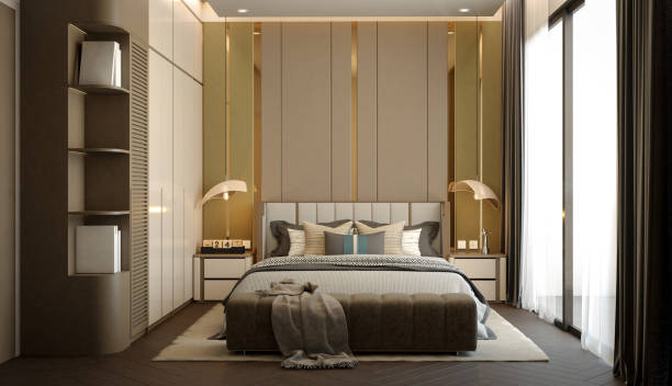 istock A modern bedroom featuring a stylish bed, elegant decor, and large windows allowing natural light, creating a serene and inviting atmosphere. 3d rendering 2191257815