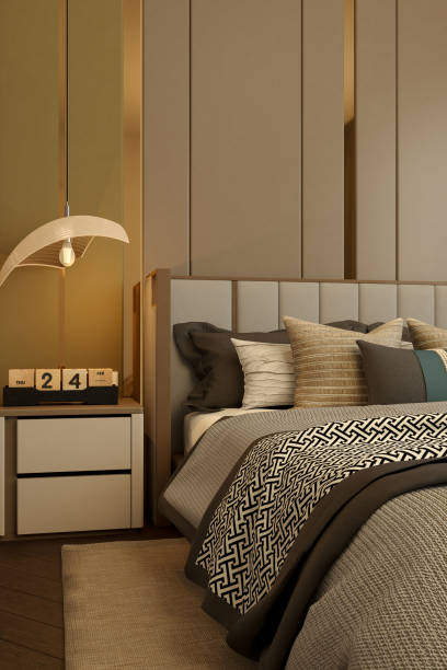 istock A modern bedroom featuring a cozy bed with textured pillows, a stylish nightstand, and warm lighting for a relaxing ambiance. 3d rendering interior. 2191257820