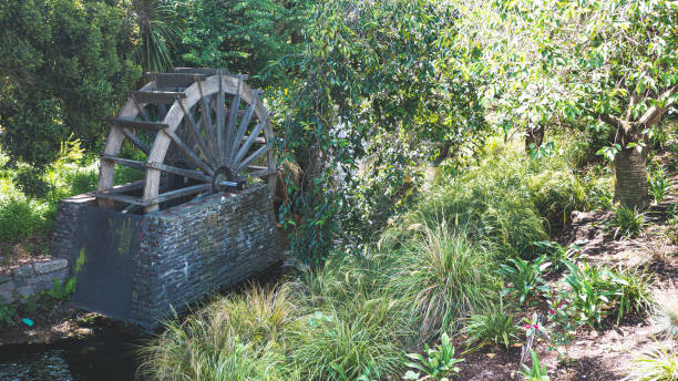 Water wheel wooden surrounded by trees and lush greenery