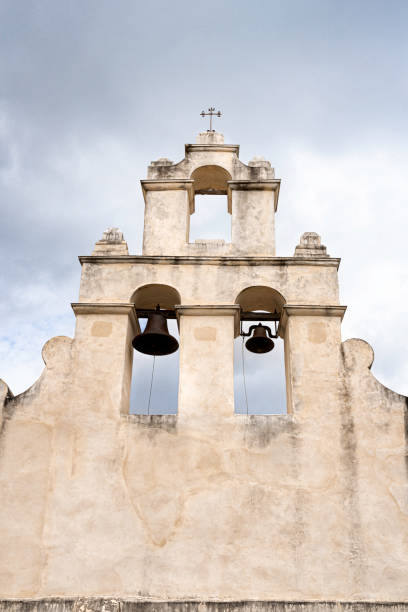 Looking up church bell tower under clear blue sky.