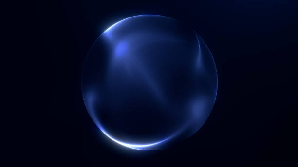 Navy blue shimmering energy sphere of glowing liquid particles and magic plasma on dark background. Luxury digital sci fi futuristic orb screensaver for business.