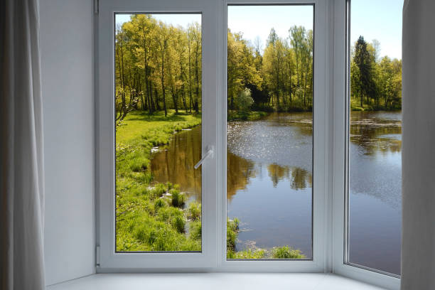 istock View from the window, green trees, landscape with lake and forest. 2191276311