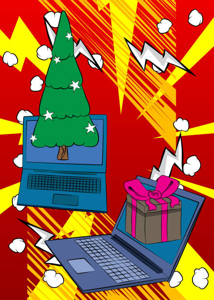istock Cartoon Laptop, comic book Notebook with Gift Box and Christmas decorated pine tree. Retro vector comics pop art design. 2191276463