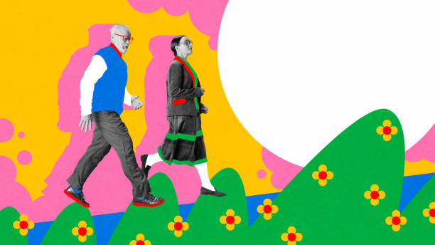 istock Elderly couple walking joyfully along whimsical path filled with flowers against abstract colorful background. Contemporary art collage. 2191278029