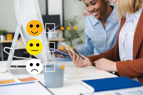 istock Happy Client customer experience concept. Woman recording phone inquiry with checkboxes, smiling face rating excellent for satisfaction survey. 2191287491