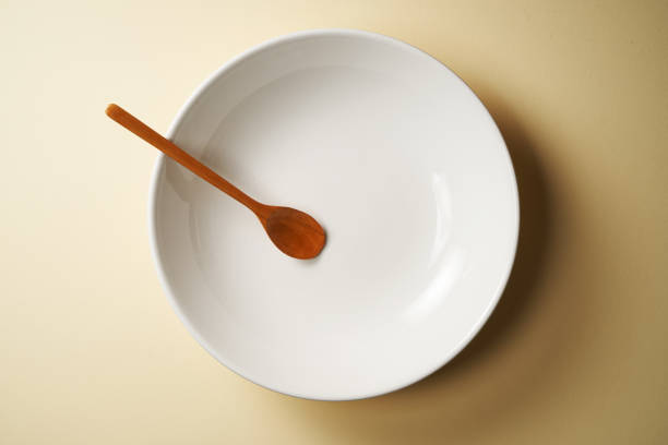 empty dinner plate and wooden spoon against yellow background