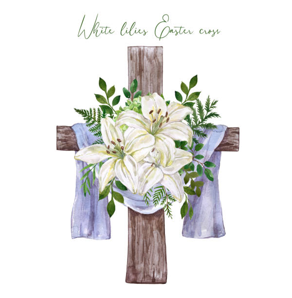 Hand drawn watercolor floral cross and white lily arrangement. Religious decorative wreath with spring flowers, green foliage, isolated Easter floral cross illustration. Watercolor rustic wooden cross wreath and beautiful white lily flowers arrangement with green leaves. Holiday decor, card design. pics of a cross easter lilies stock illustrations