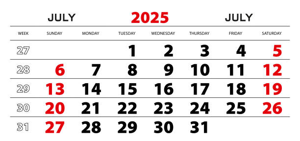 istock Wall calendar 2025 for july, week start from sunday. 2191289306