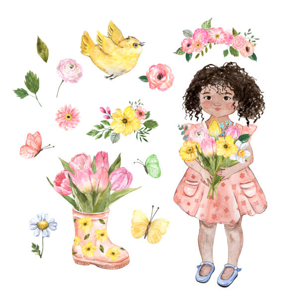 Watercolor spring floral illustrations with cute baby girl, flowers, tulips bouquet, arrangement in garden boots, isolated on white background. Hand painted kid in cartoon style. Watercolor little girl in pink dress holding floral bouquet, cute spring bird, pink tulip bouquet in garden rain boot, butterflies. Hand painted illustration, isolated on white background. dark pink dress stock illustrations