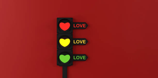 Love-Themed Traffic Light with Hearts and Gift Boxes. 3D Illustration