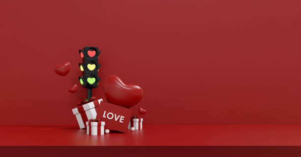 Love-Themed Traffic Light with Hearts and Gift Boxes. 3D Illustration