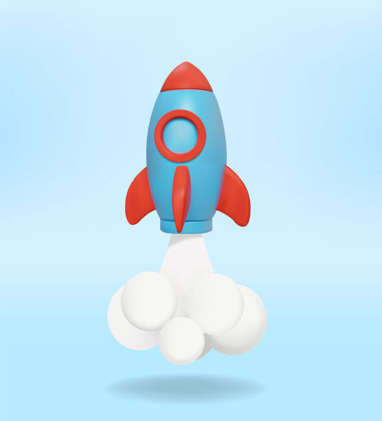 istock 3D rendered vector illustration of a blue and red rocket icon taking off. With white smoke, new start-up concept, success and innovation. Suitable for designing about startups, businesses. 2191290002