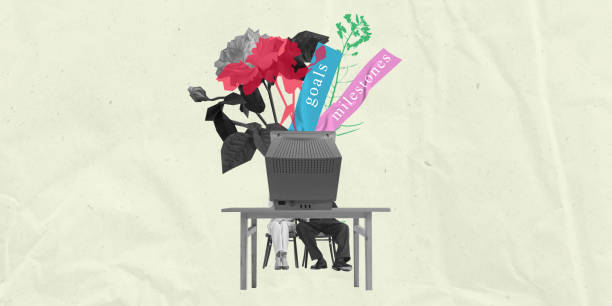 Colleagues sitting at table with retro computer and flowers labeled with goals and milestones. Contemporary art collage. Corporate achievements and progress. Concept of business, cooperation, teamwork