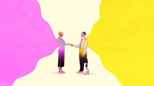 istock Man with prosthetic leg and bald woman shaking hands against gradient background. Partnership, inclusivity, and equality. Conceptual design. 2191293506