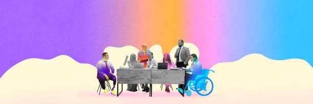 Conceptual design. Team meeting with diverse members, including individuals in wheelchairs, on gradient background. Teamwork, inclusion, and collaboration.