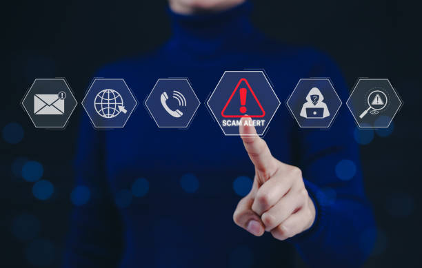 istock Cybersecurity scam alert warning concept. Cyber security scam alert, featuring icons for email, internet, calls, hacking, warnings, fraud detection, fraud prevention, Notifications and awareness, 2191298533
