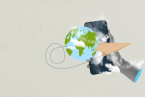 istock A human hand holding a mobile phone with a globe and flying paper airplane with a colored background 2191299168