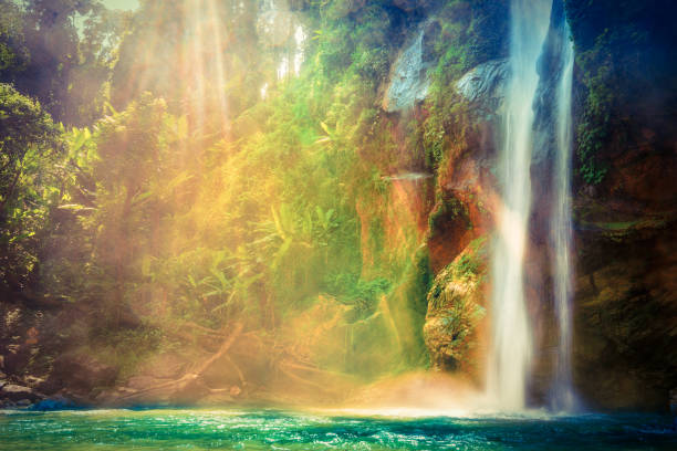 Beautiful waterfall in tropical rainforest jungle on background mountain in form skull and bones