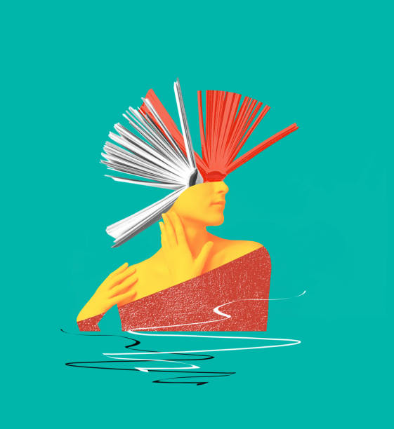 Head with books as a metaphor for education. Art collage or design. Creative idea symbol. Mental Health, thinking, psychology, education, intellectual development concept