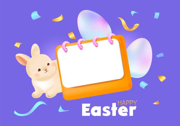 istock Spring Easter greeting card with 3D bunny, flip calendar, holographic coloring eggs and confetti. Template for sale offer. Holiday design ring calendar with copy space for text. Vector illustration 2191299961