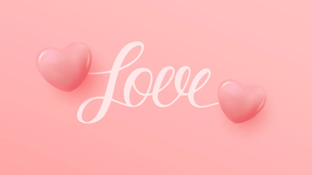 istock Romantic banner with handwritten word Love and 3d pink glossy hearts for Wedding Day invitations or Valentine's Day holiday greetings. 2191300695