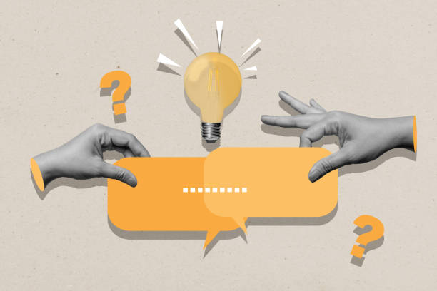 istock Two human hands holding speech bubbles with a bright light bulb on a colored background 2191301055