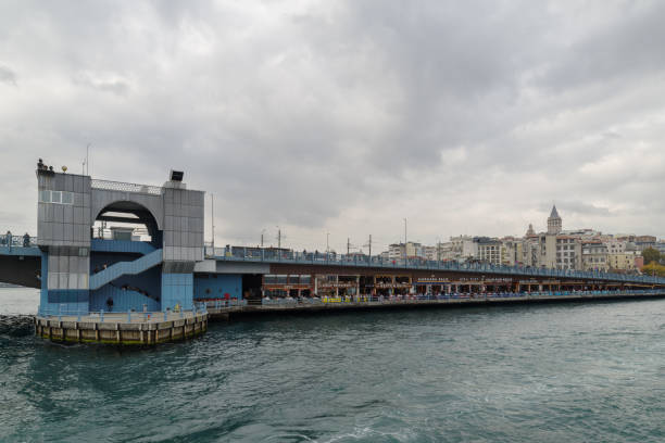 Istanbul, Turkey - November 11, 2024: View of the Galata bridge, fishermen on bridge
