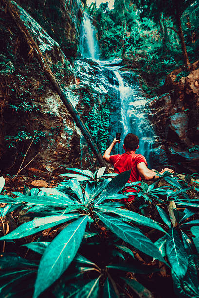 Beautiful waterfall in tropical rainforest jungle on nature background