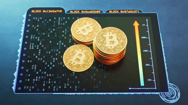 istock Cryptocurrency digital wallet design with stacks of golden Bitcoin, encrypted binary data and an graph arrow with price tags going up. 2191313765