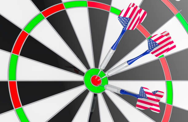 Dartboard with darts painted with American flag in bullseye, 3D rendering