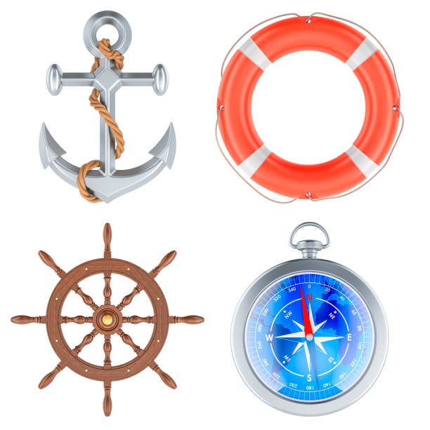 Steering wheel ship, lifebuoy, anchor and compass, 3D rendering