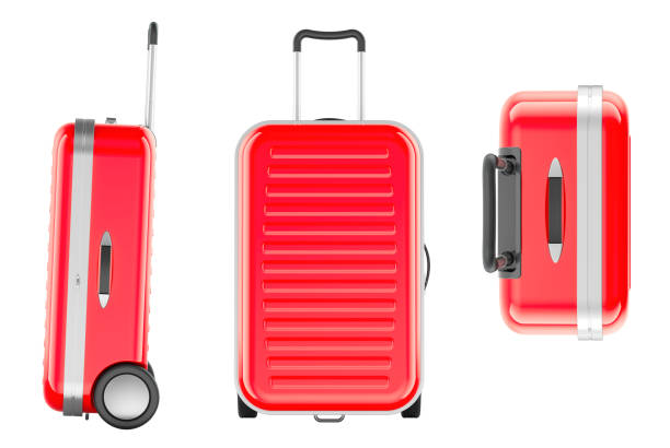 istock Red Suitcases with Wheels. Side, front and top views. Hardside Luggage with Spinner Wheels and Telescoping Handle, 3D rendering 2191314046